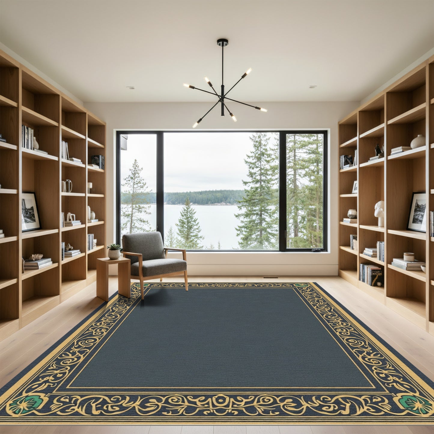 Ornate Teal Golden Leaf Border Rug