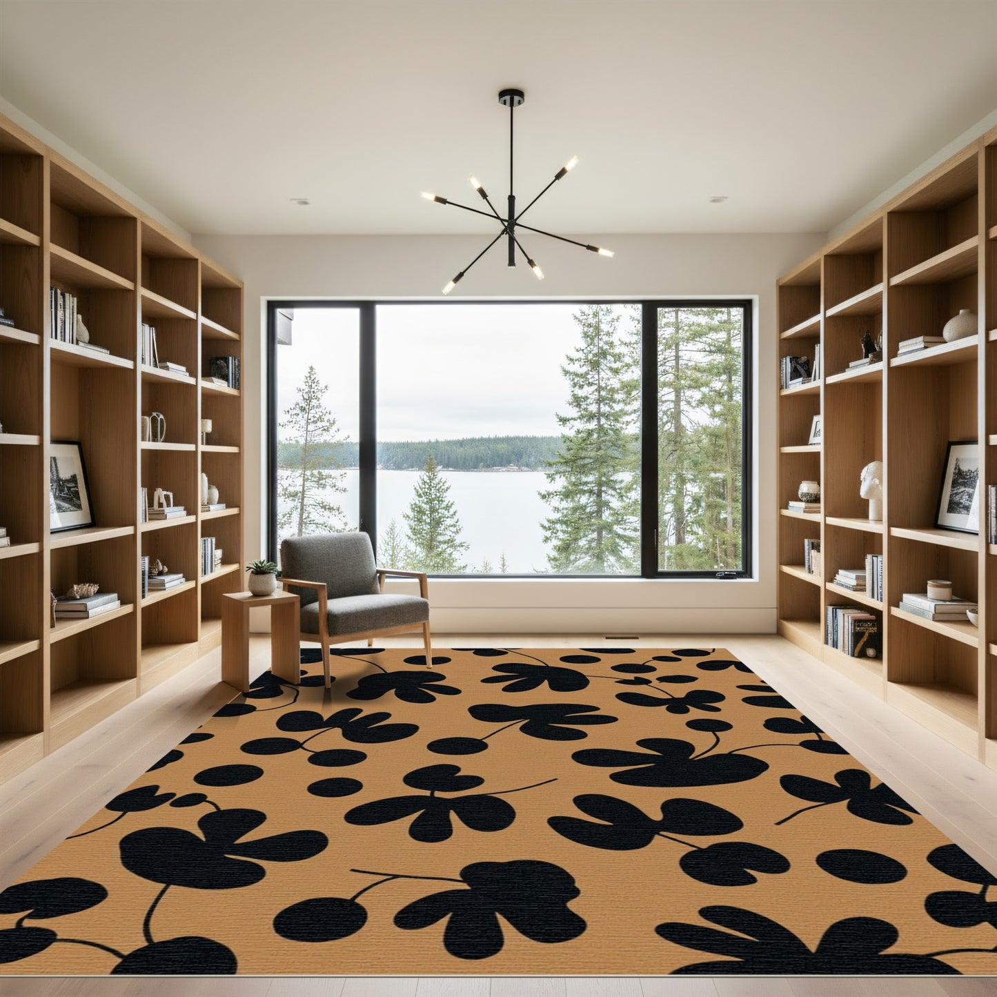 Black Floral Branches Terracotta Background Rug