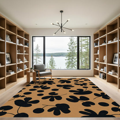 Black Floral Branches Terracotta Background Rug