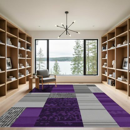 Bold Purple Gray Geometric Patchwork Rug