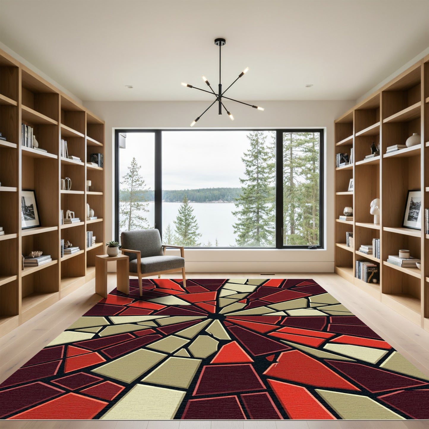 Crimson Beige Sunburst Mosaic Rug