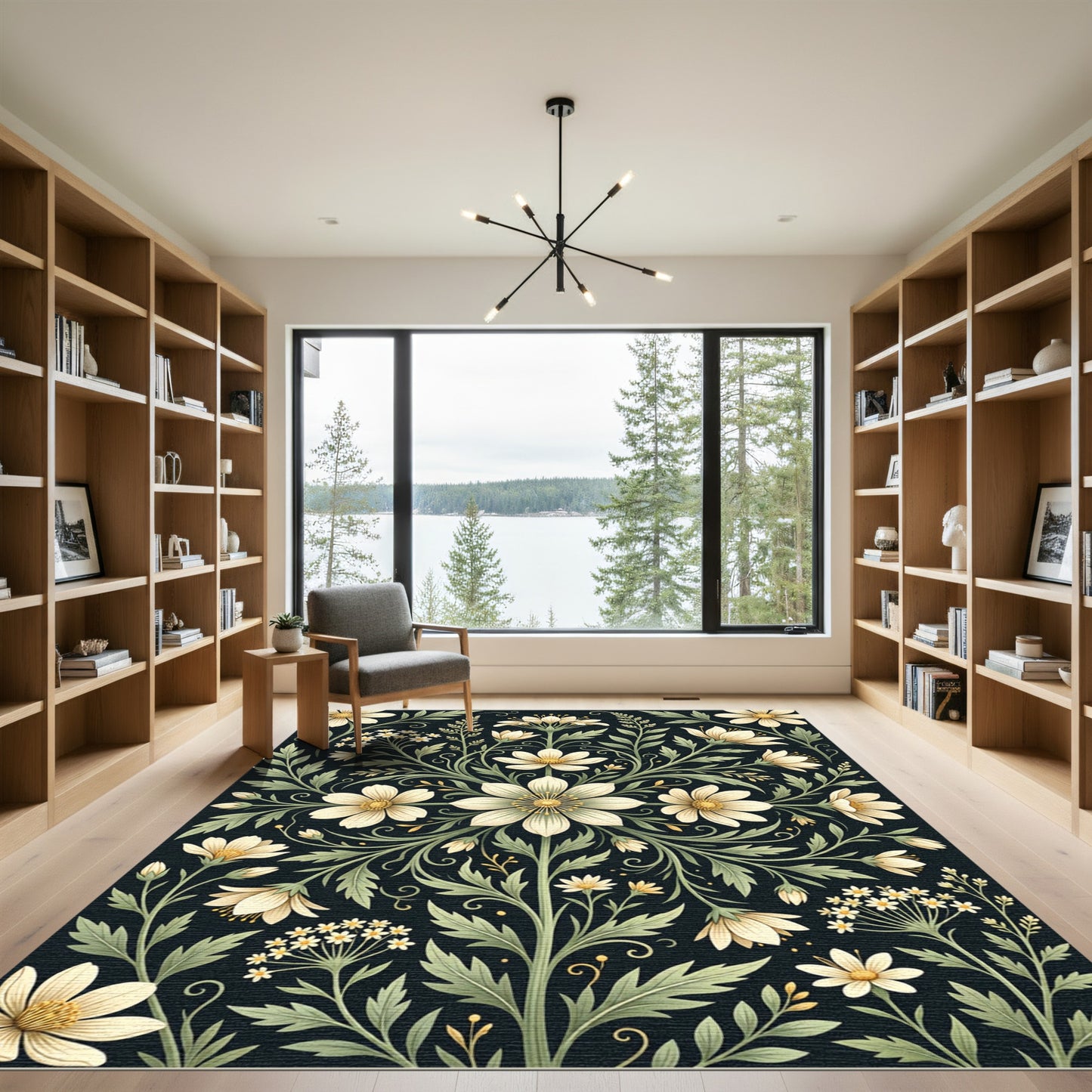 Cream Floral Symmetry on Dark Backdrop Rug