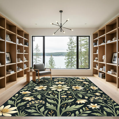 Cream Floral Symmetry on Dark Backdrop Rug
