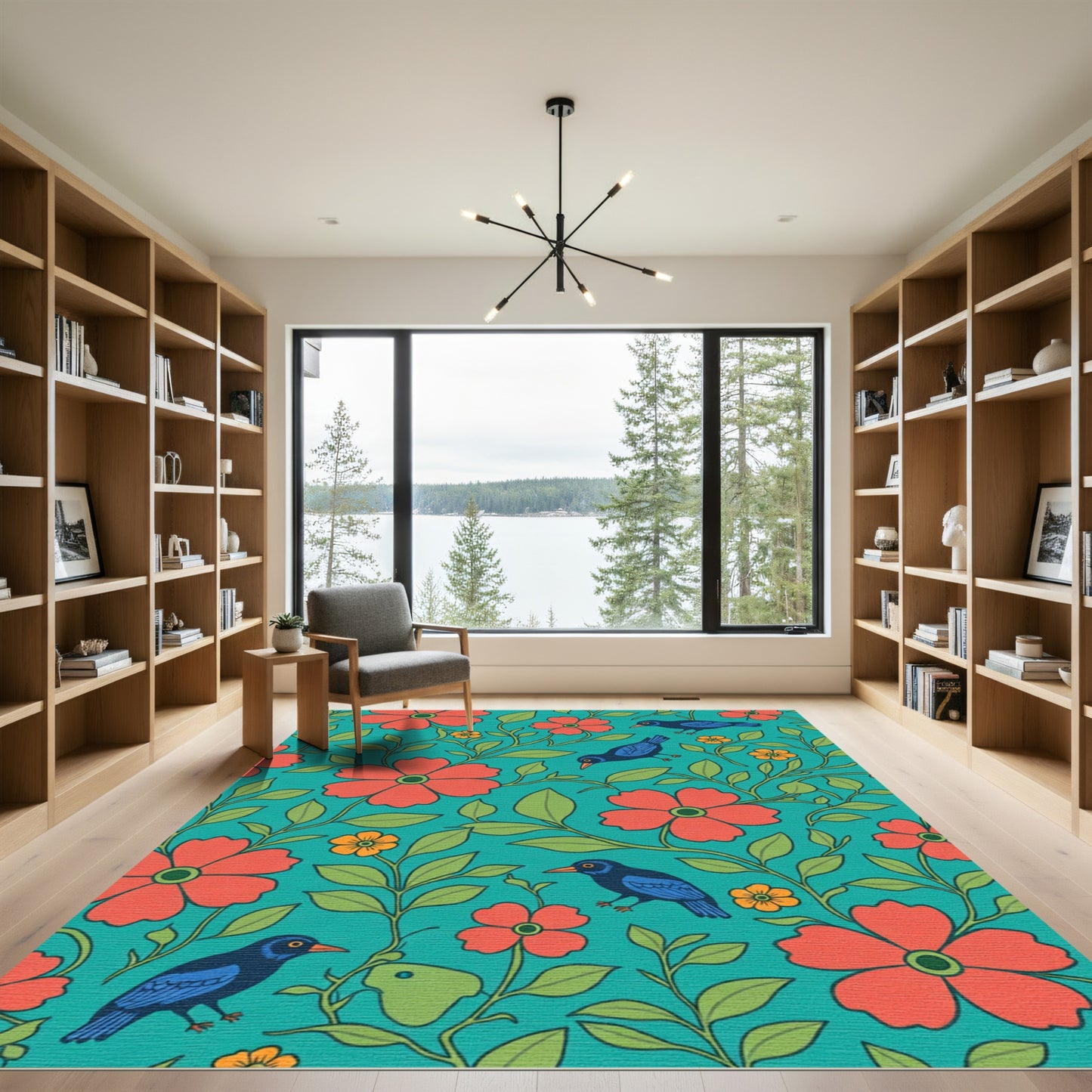 Teal Coral Floral Birds Botanical Rug