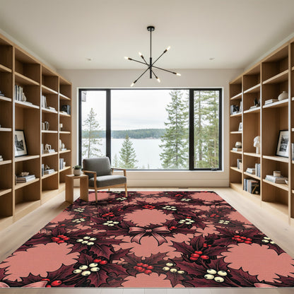 Crimson Holly Berry Bow Wreath Rug