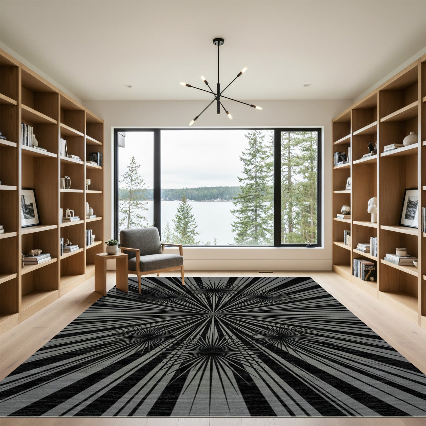 Monochromatic Starburst Radial Geometric Gray Rug
