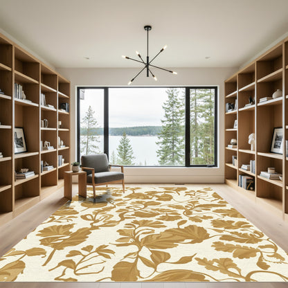 Golden Olive Botanical Scroll Rug
