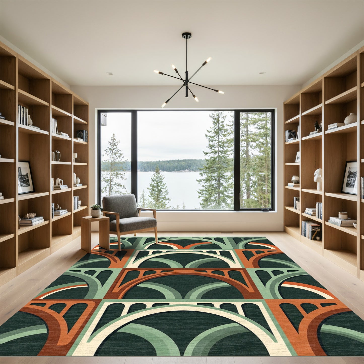 Mid-Century Modern Arched Terracotta Teal Grid Rug