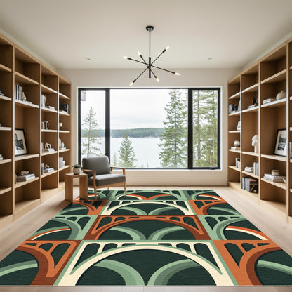Mid-Century Modern Arched Terracotta Teal Grid Rug