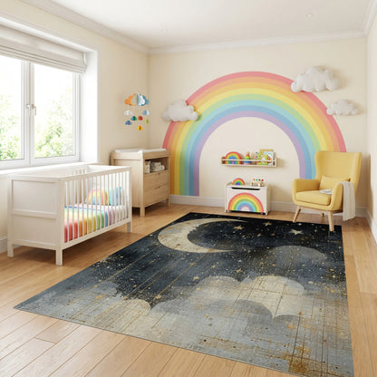 Mystical Golden Moon Stars Clouds Rug