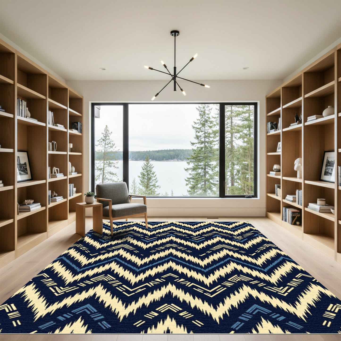 Midnight Navy Chevron Geometric Ikat Rug