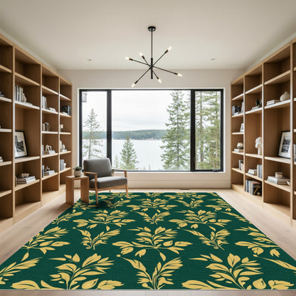 Golden Botanical Swirls On Emerald Rug