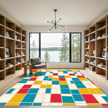 Primary Red Blue Yellow Grid Rug
