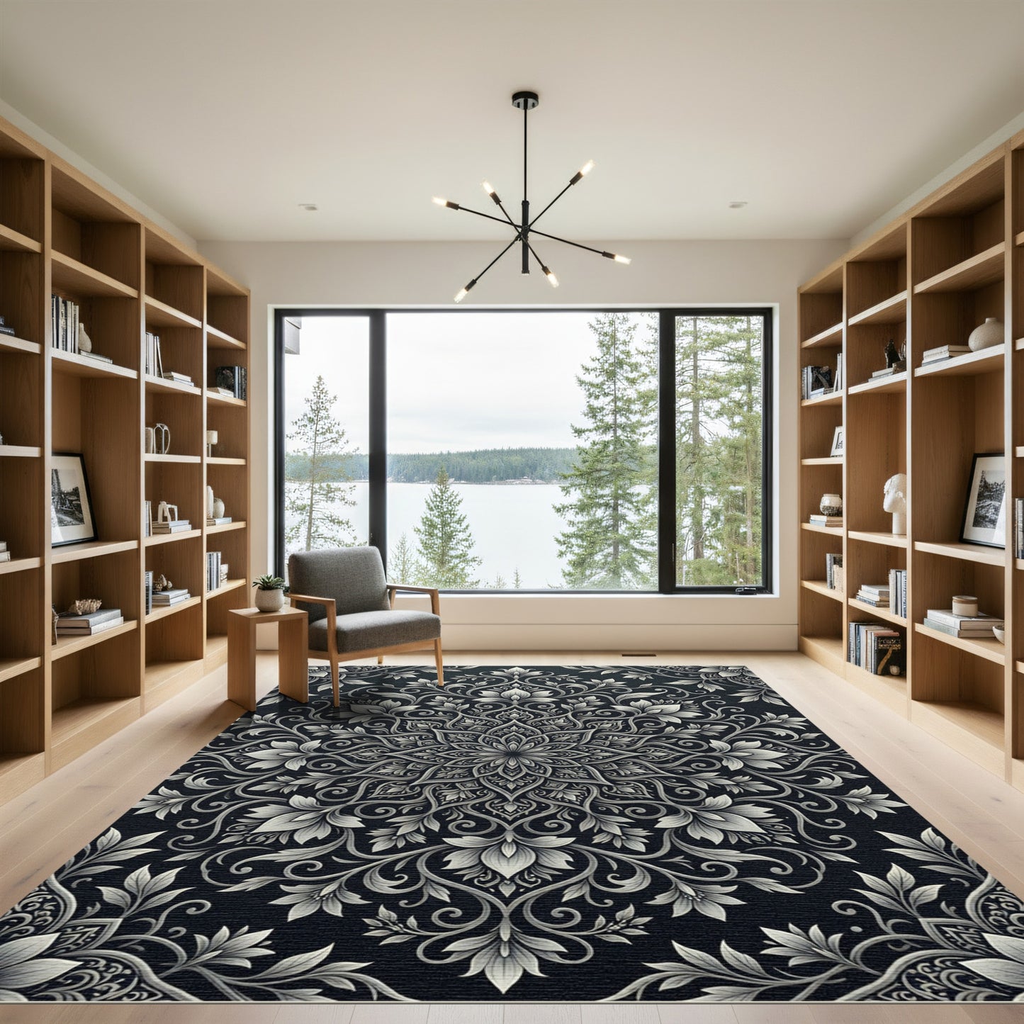 Monochromatic Floral Mandala Intricate Art Rug