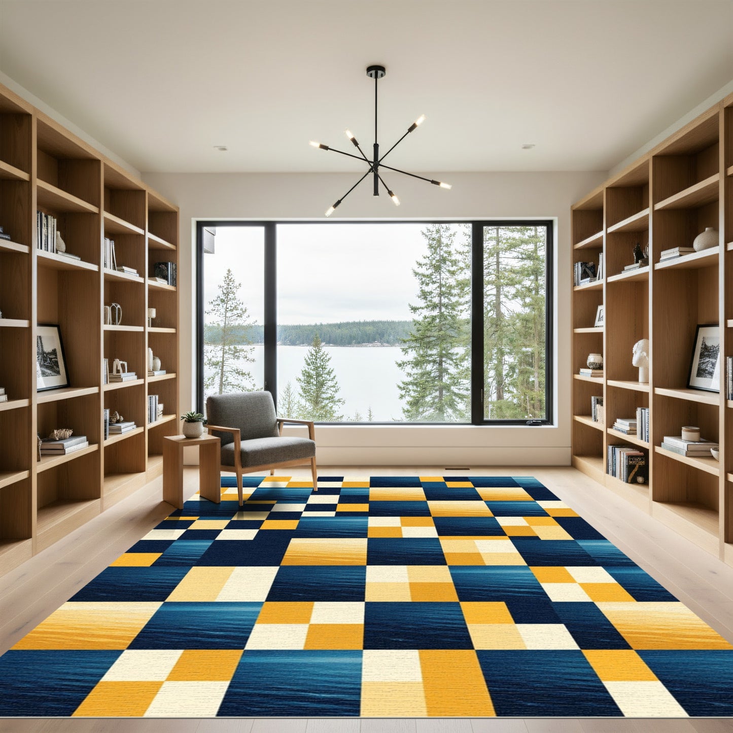 Ocean Sunset Geometric Grid Gold Blue Rug