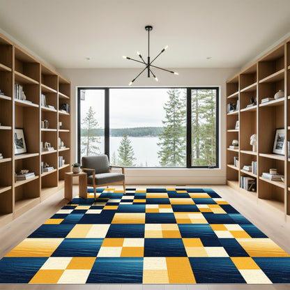 Ocean Sunset Geometric Grid Gold Blue Rug