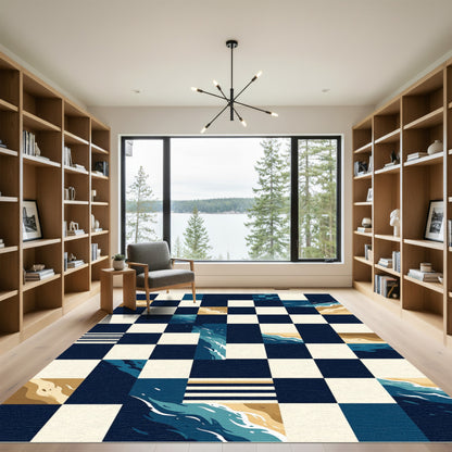 Modern Navy Checkerboard Abstract Ocean Wave Rug