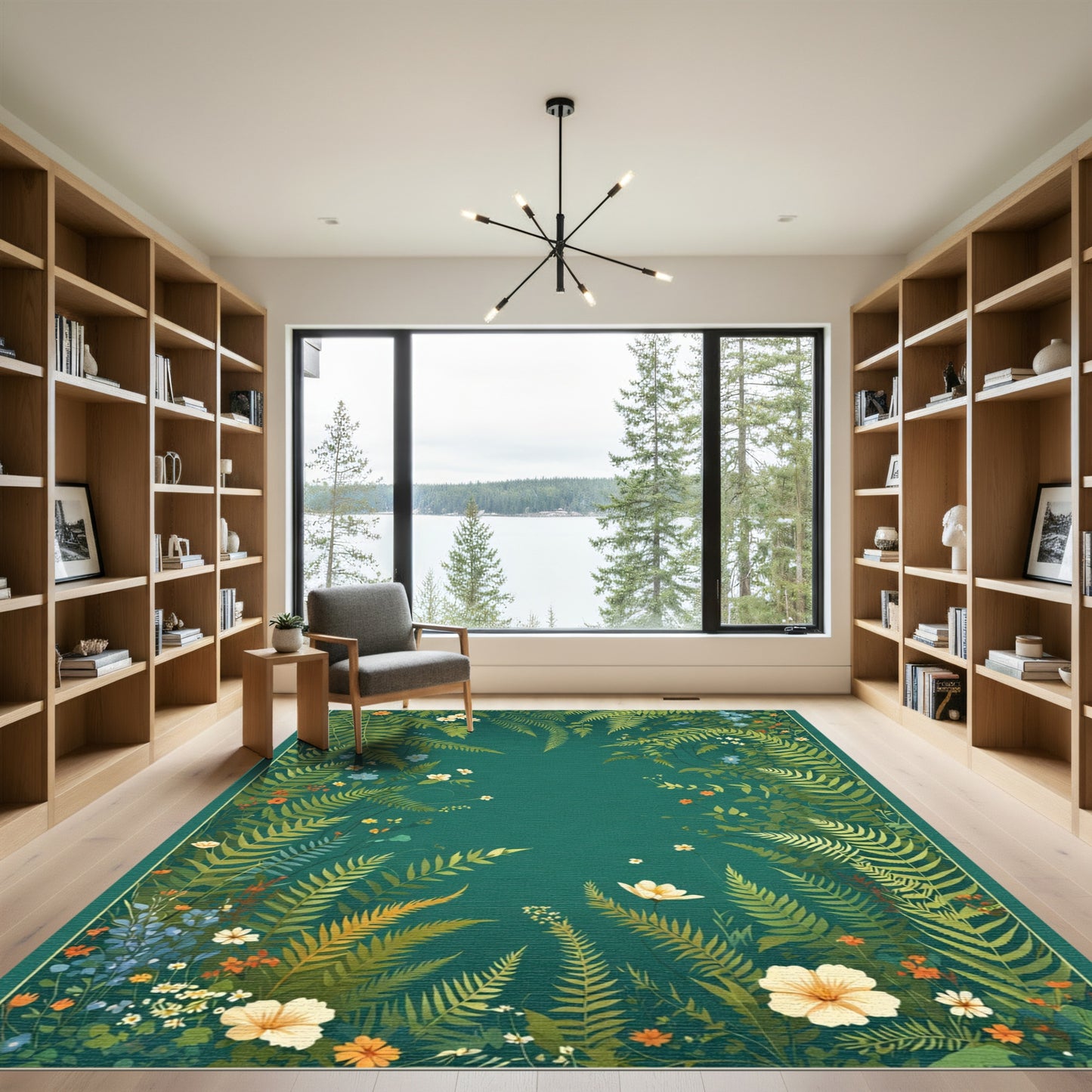 Lush Green Fern and Wildflower Scene Rug