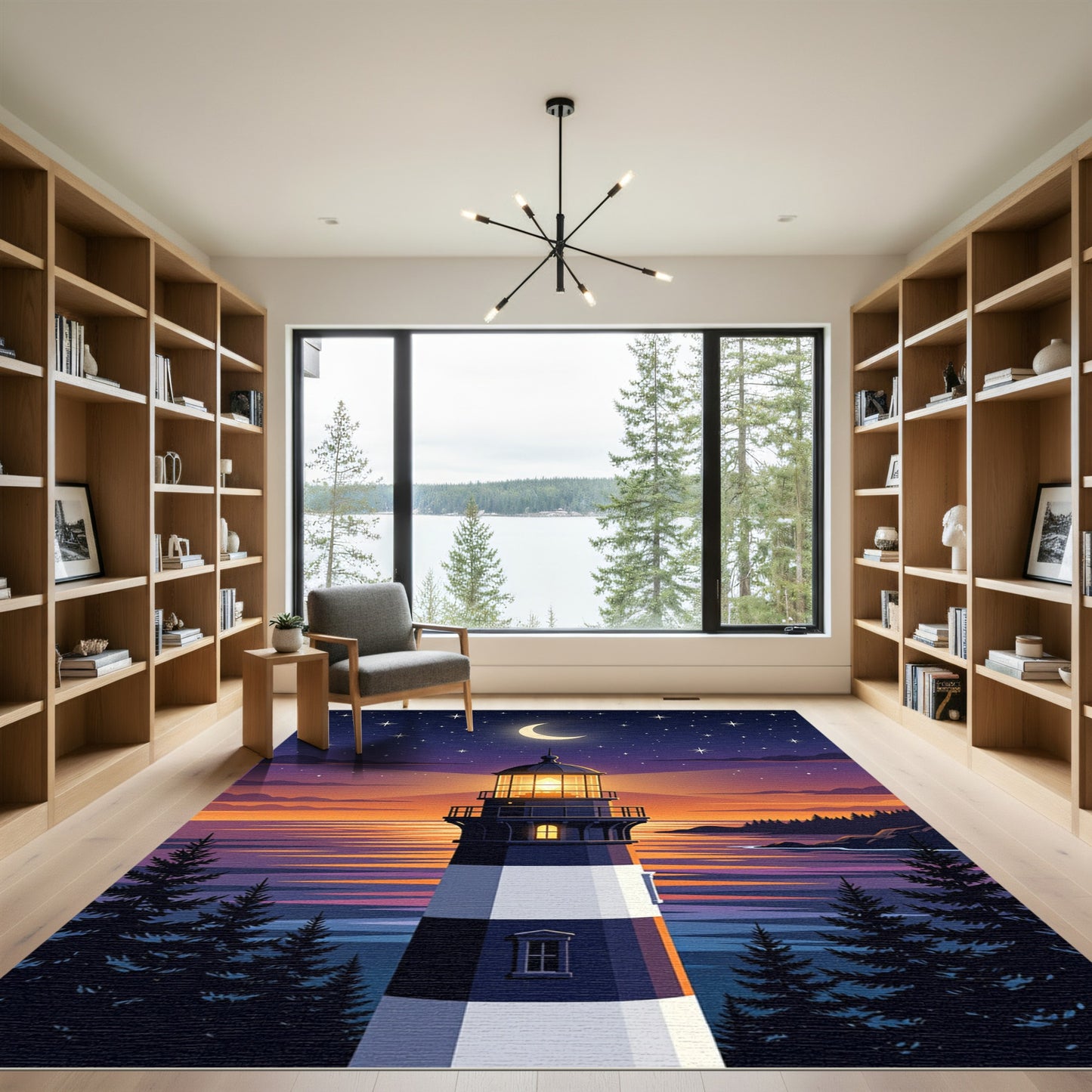 Starlit Moonlit Lighthouse Coastal Landscape Rug