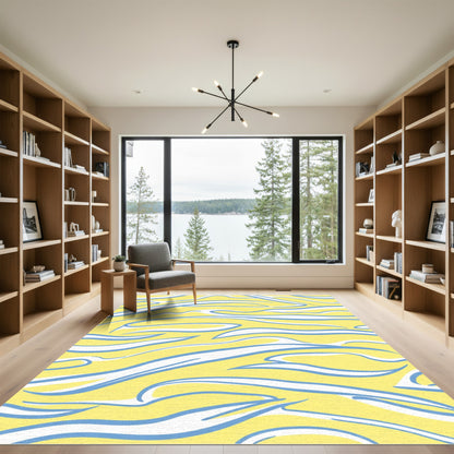 Yellow Blue White Swirl Abstract Rug