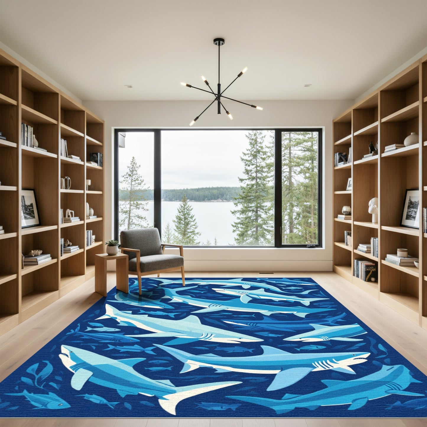 Blue Shark School Underwater Scene Rug