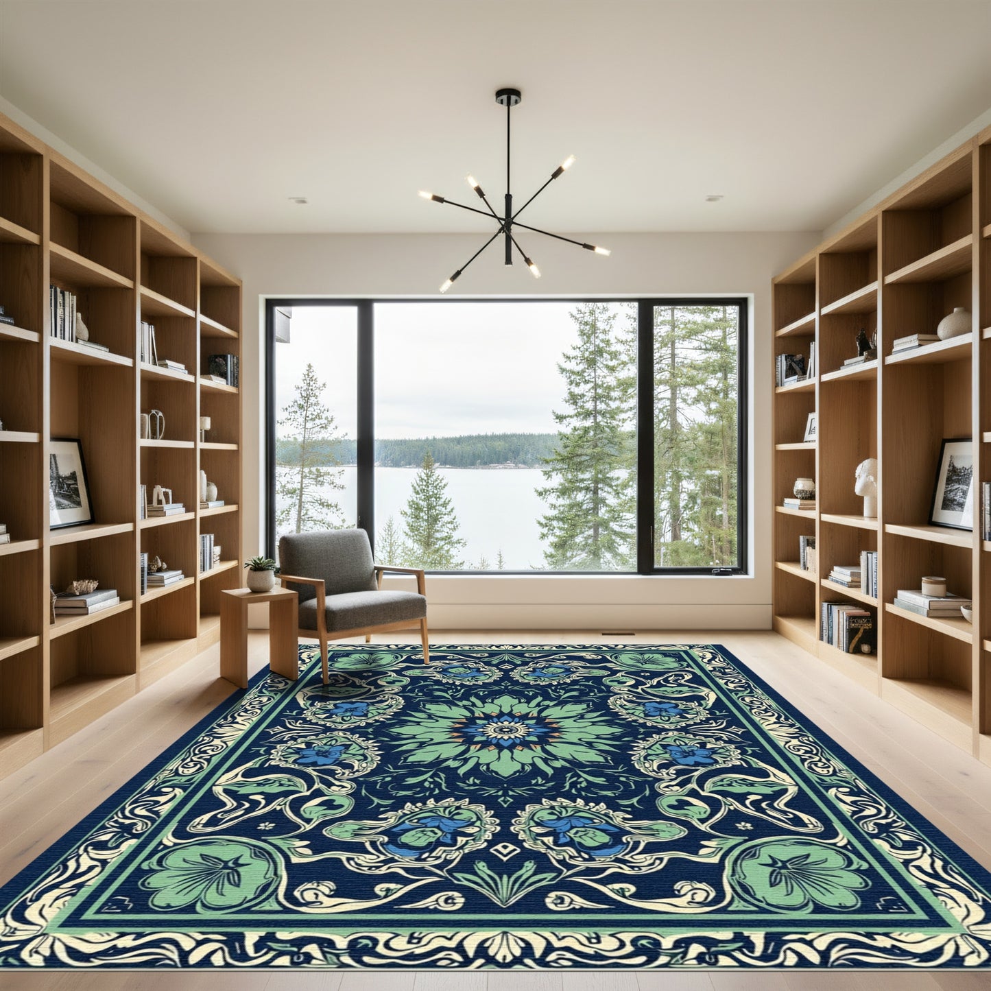Navy Blue Floral Mandala Art Nouveau Rug