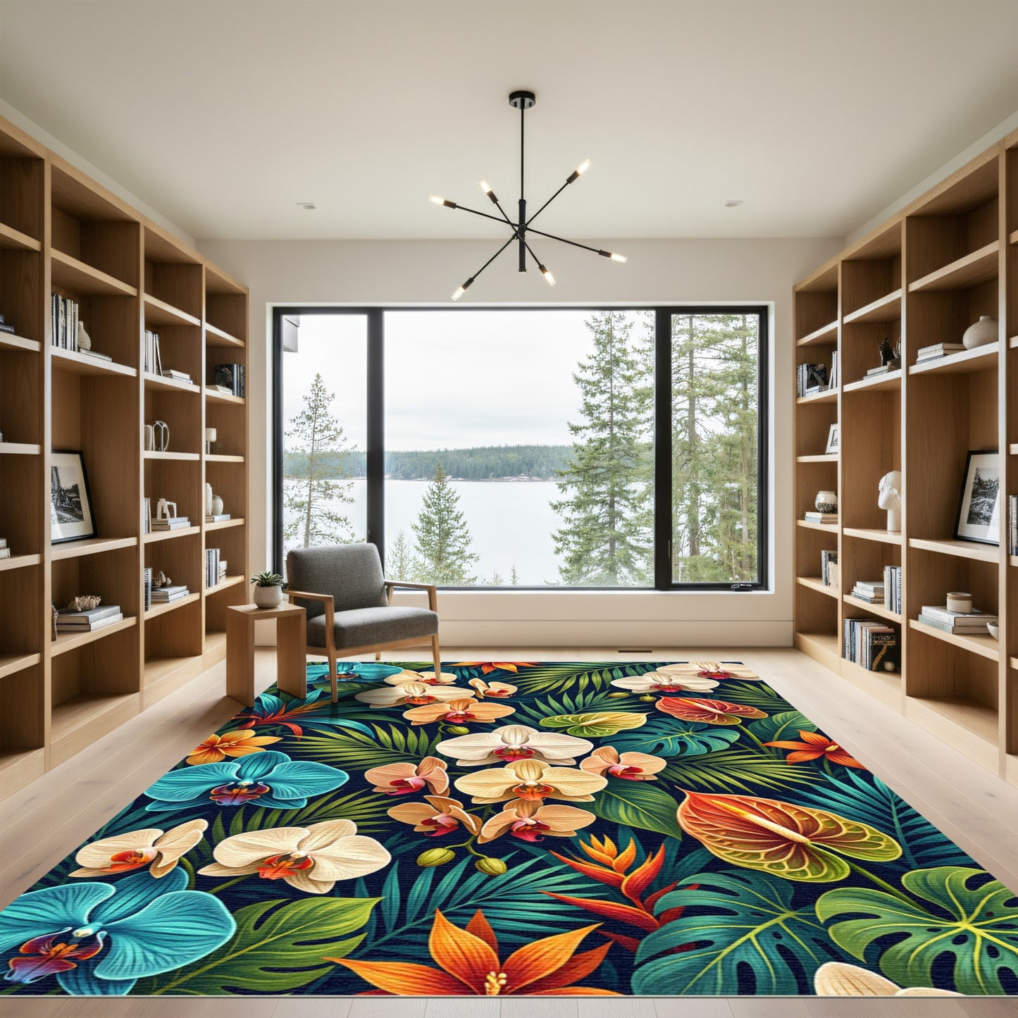Vibrant Tropical Orchid Leaf Composition Rug