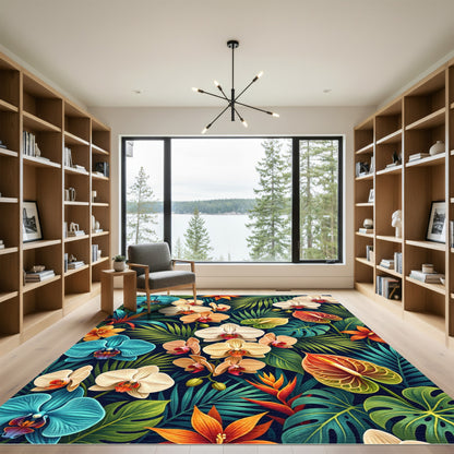Vibrant Tropical Orchid Leaf Composition Rug
