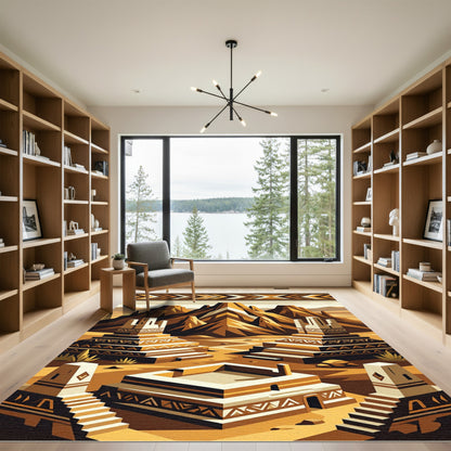Geometric Ochre Desert Mountain Landscape Rug