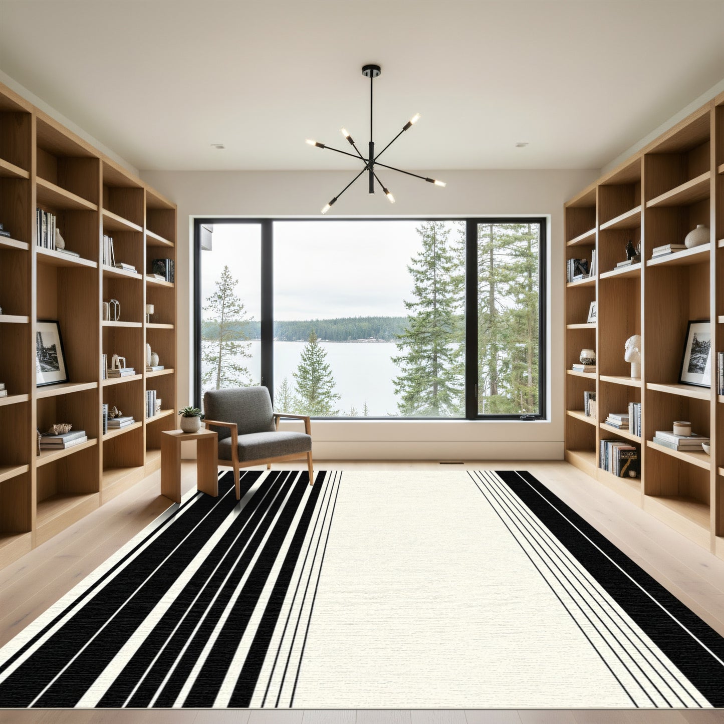 Modern Black Ivory Linear Arrangement Rug