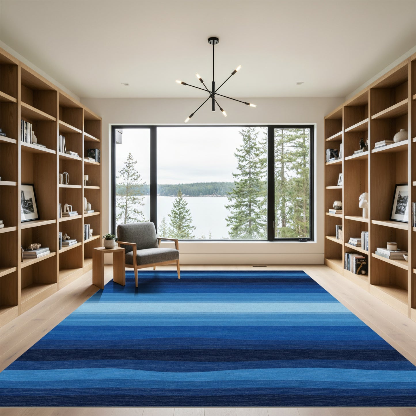 Deep Blue Gradient Wavy Stripes Rug