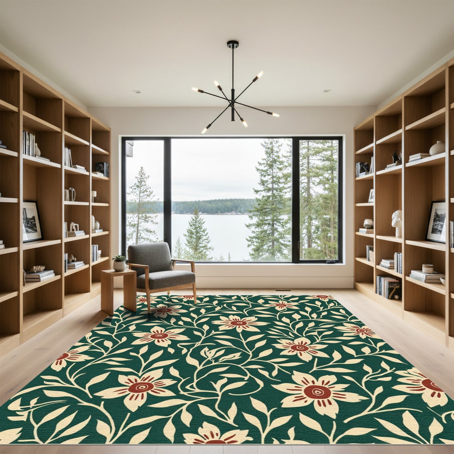 Deep Green Floral Vine Whimsical Rug