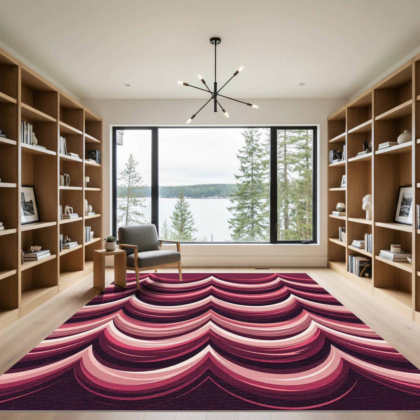 Crimson Abstract Wave Bands Rug