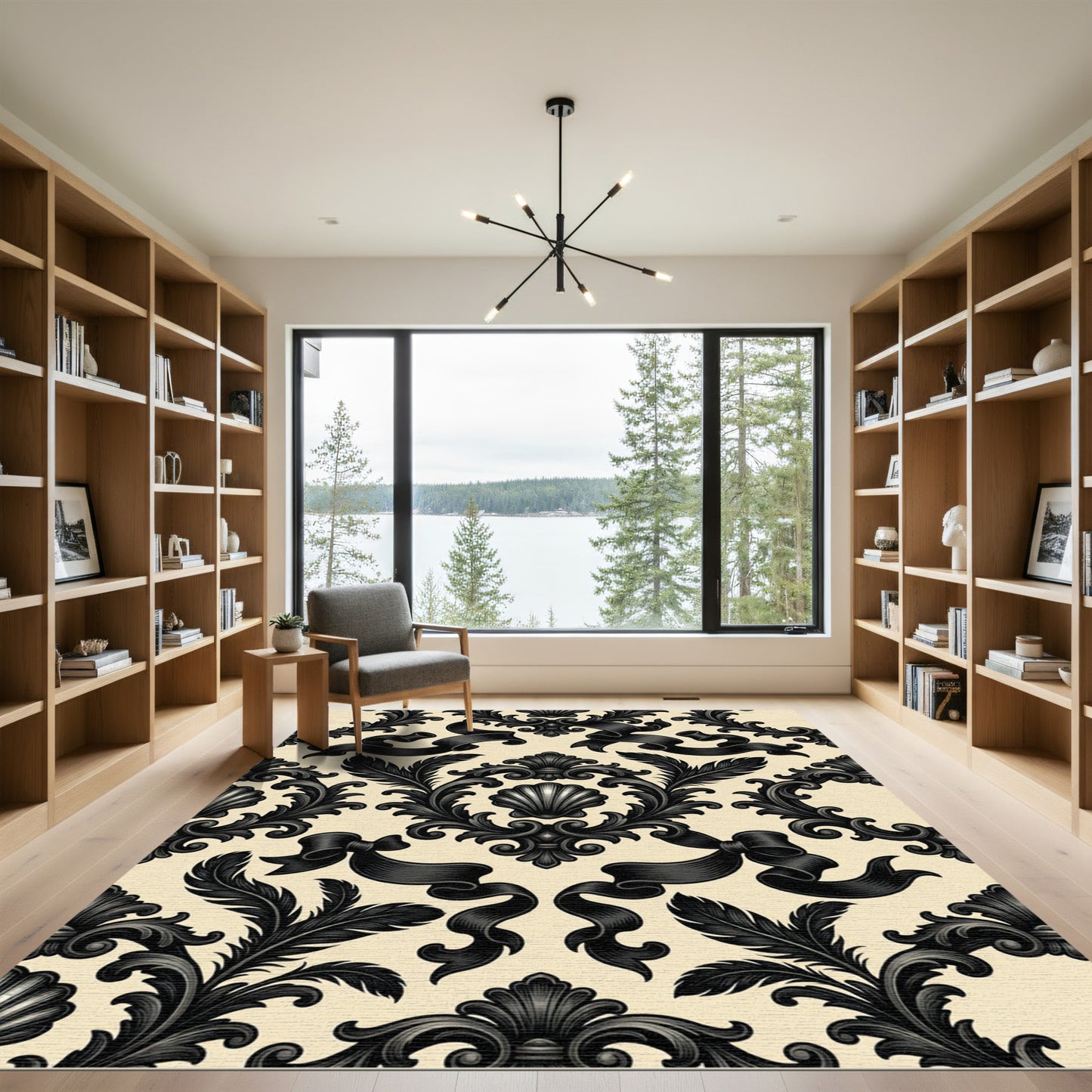 Black Onyx Baroque Floral Ribbon Accent Rug