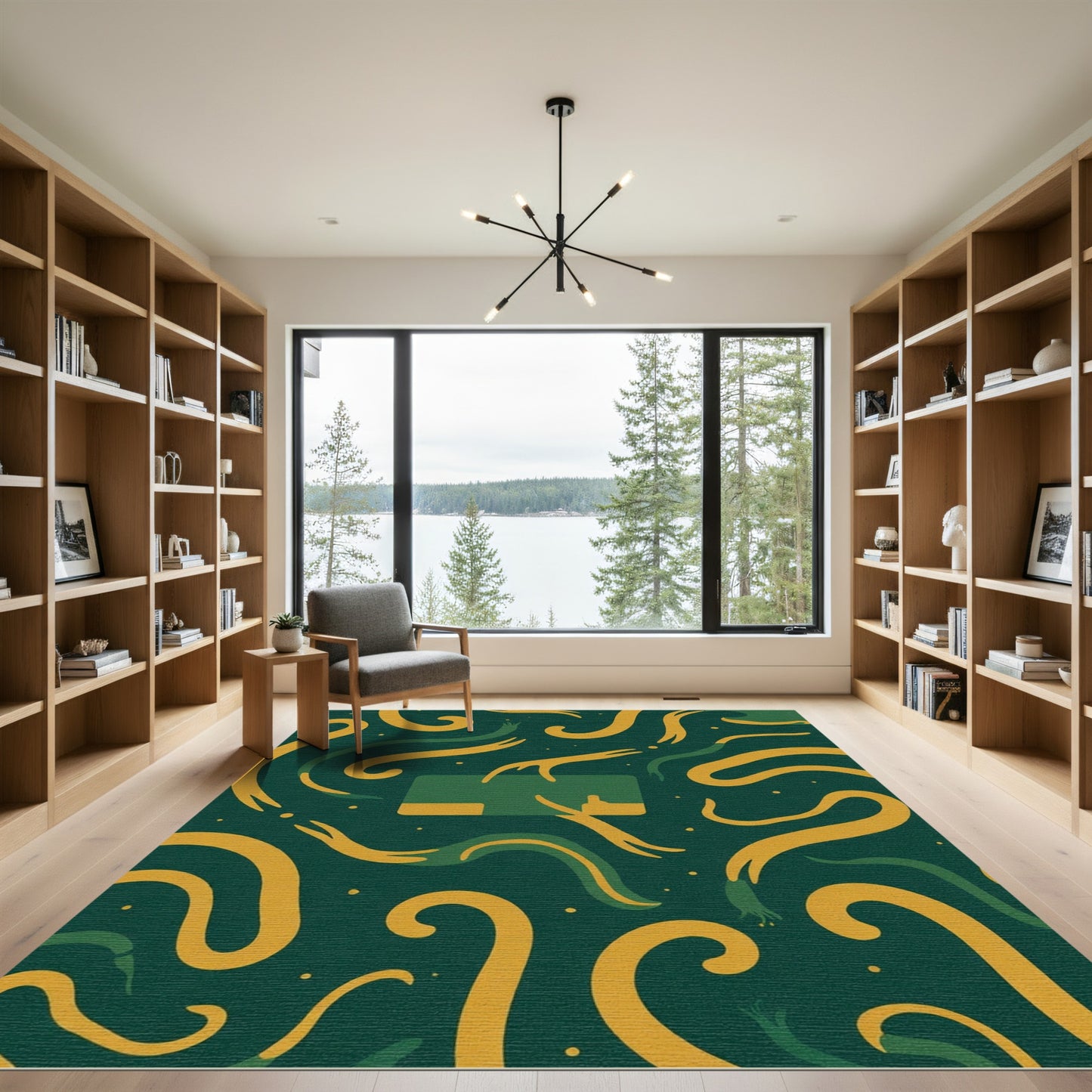 Green and Gold Abstract Swirls Rug