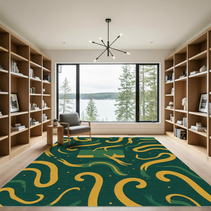 Green and Gold Abstract Swirls Rug