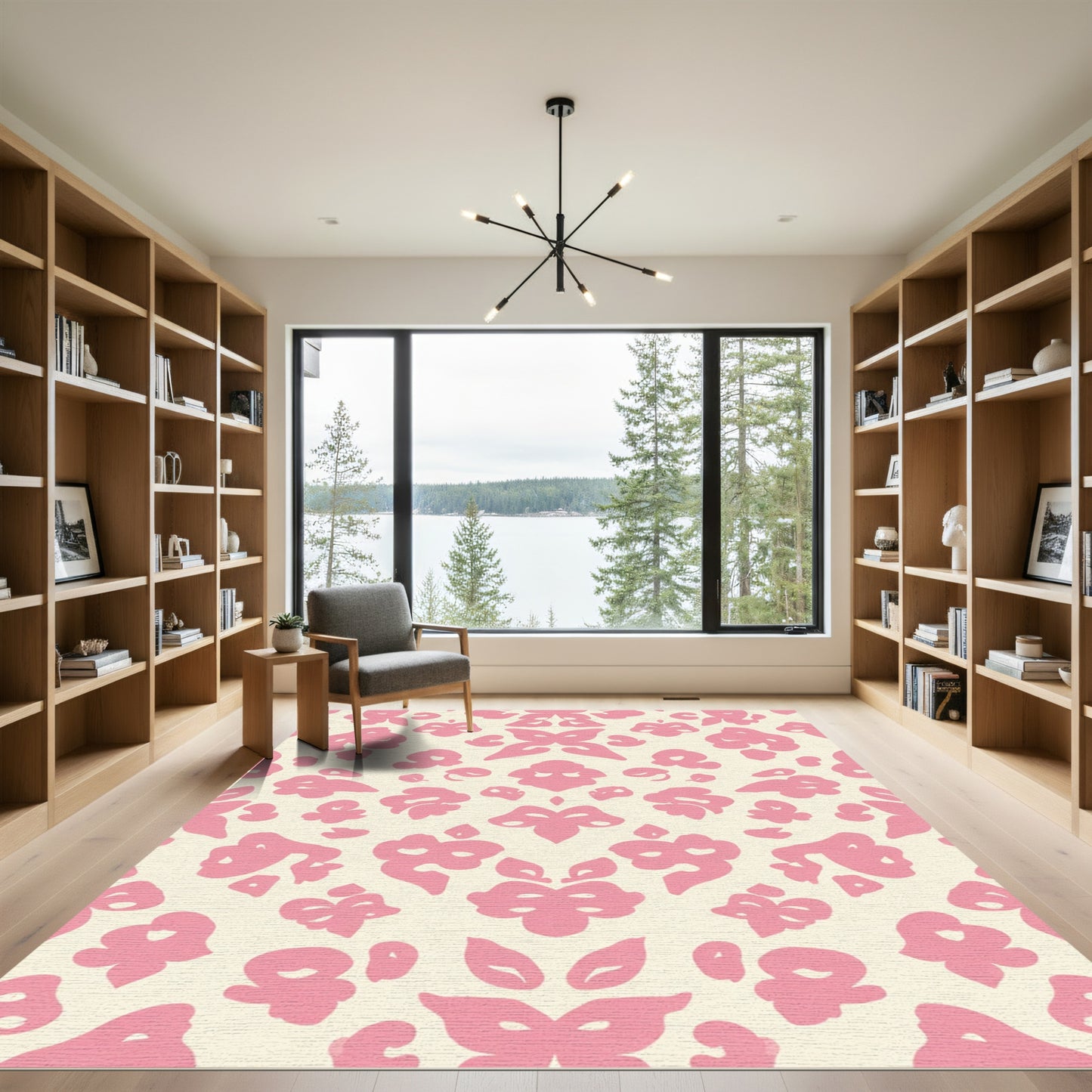 Pink Cream Symmetrical Floral Scroll Rug