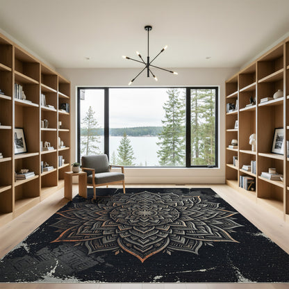 Dark Celestial Mandala Silver Gold Art Rug
