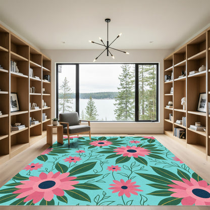 Tropical Pink Daisy Floral Teal Rug