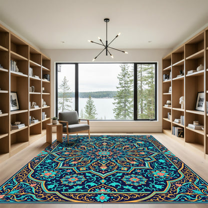 Intricate Teal and Gold Floral Mandala Rug