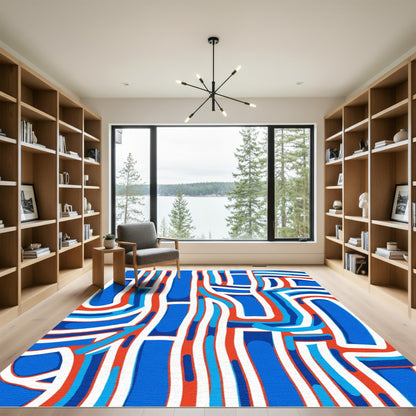 Bold Red Blue Abstract Intertwined Lines Rug