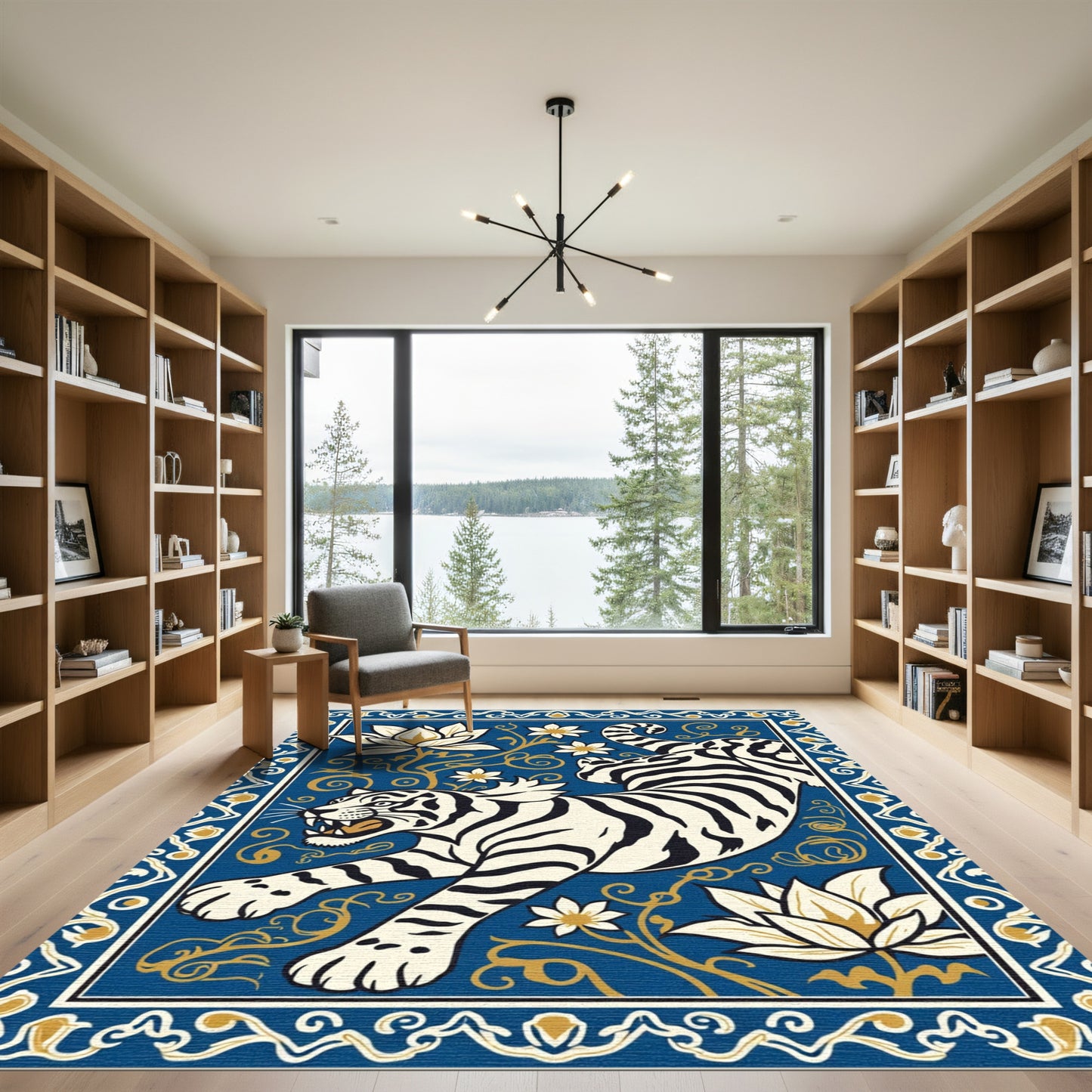 Bold Blue Tiger Lotus Scroll Rug