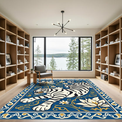 Bold Blue Tiger Lotus Scroll Rug