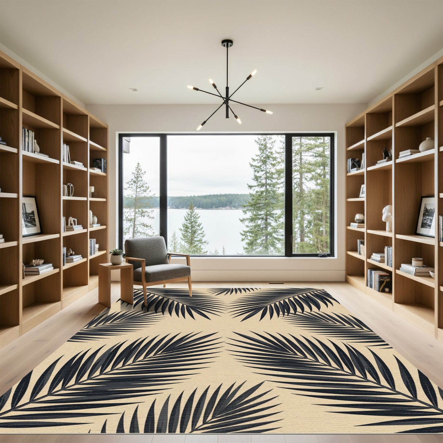 Minimalist Black Tropical Frond Beige Rug