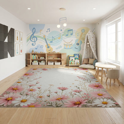 Delicate Pink White Daisy Border Rug