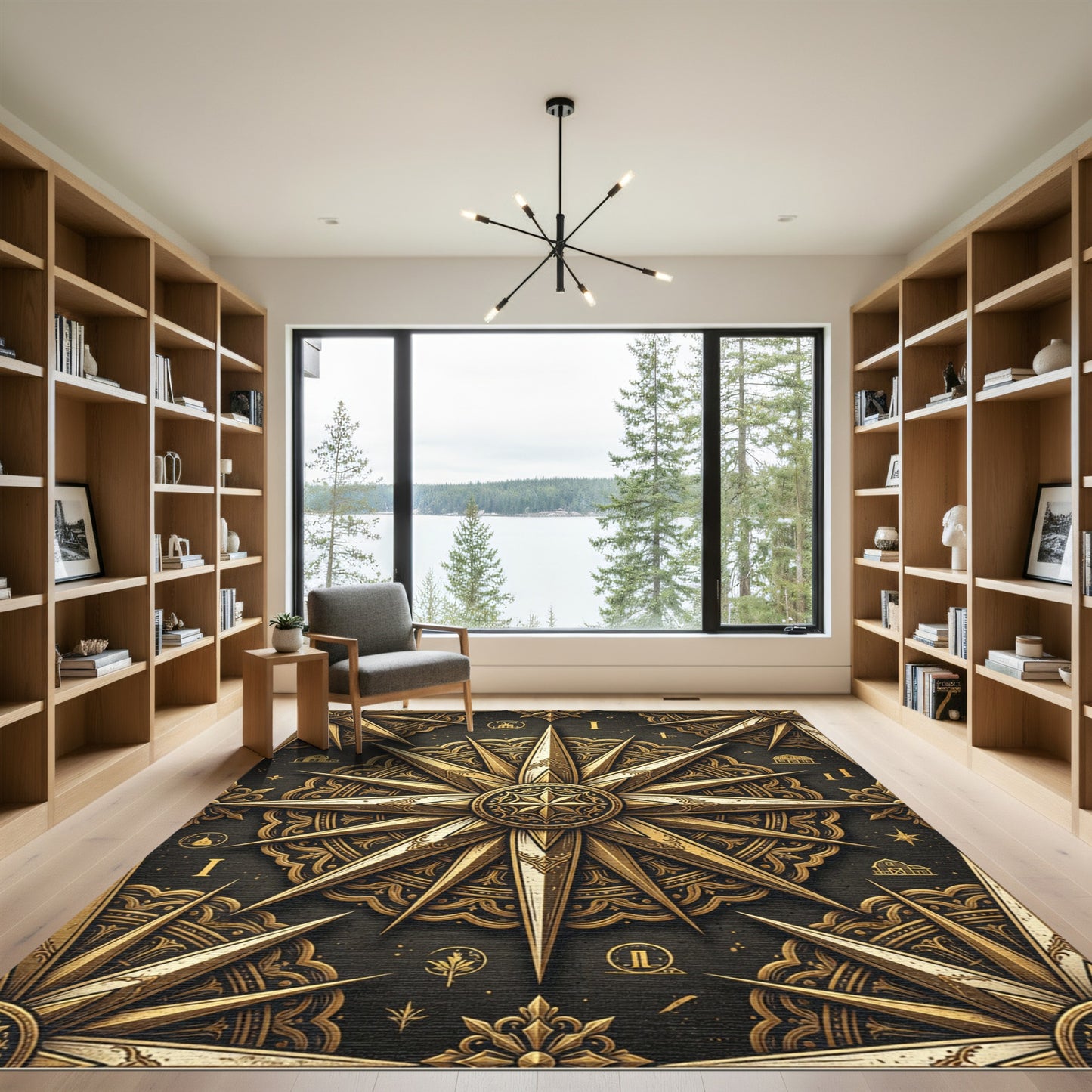 Ornate Gold Compass Rose Medallion Rug