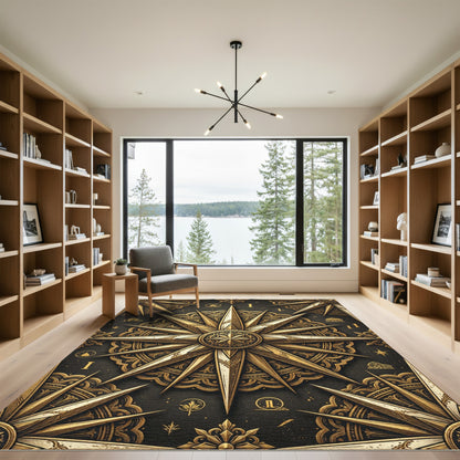 Ornate Gold Compass Rose Medallion Rug