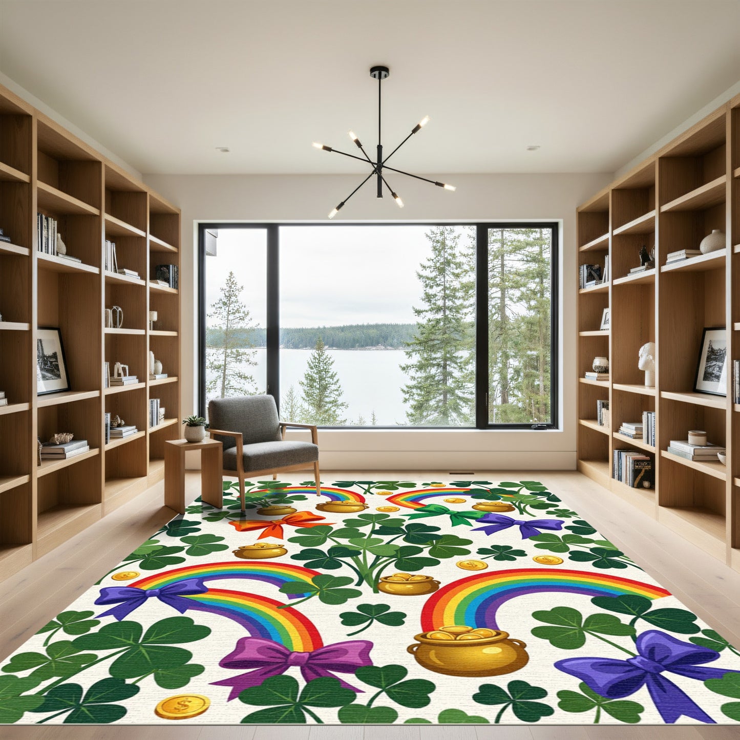 Whimsical Rainbow Shamrock Gold Coin Treasure Rug