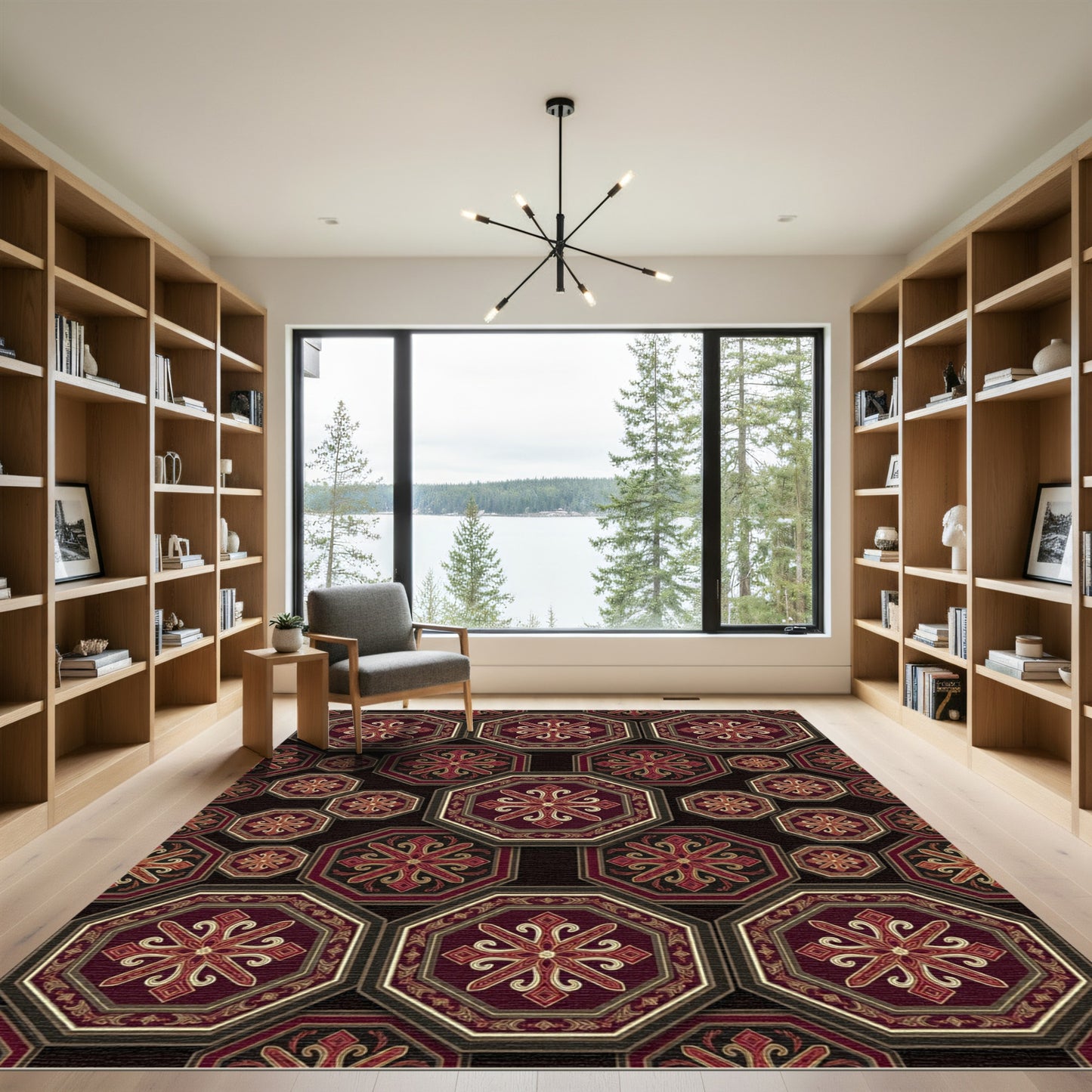 Gilded Crimson Octagon Geometric Medallion Rug