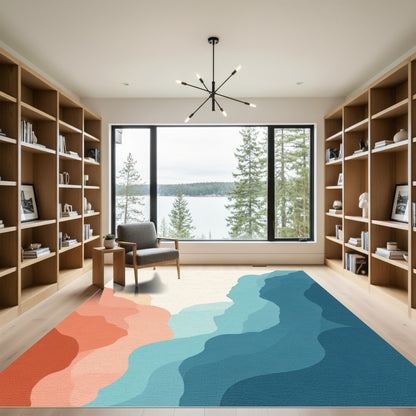 Abstract Coral Teal Gradient Waves Rug